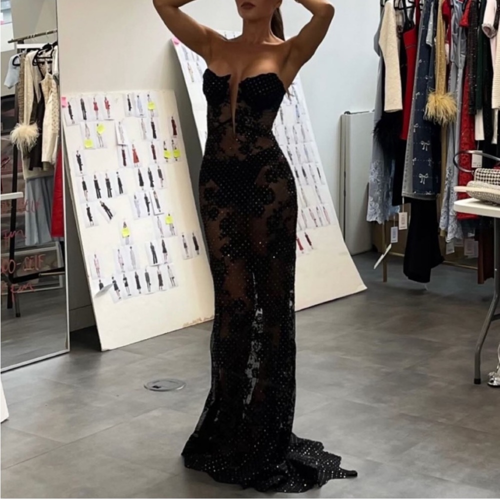 SELF PORTRAIT BLACK RHINESTONE LACE BANDEAU MAXI GOWN